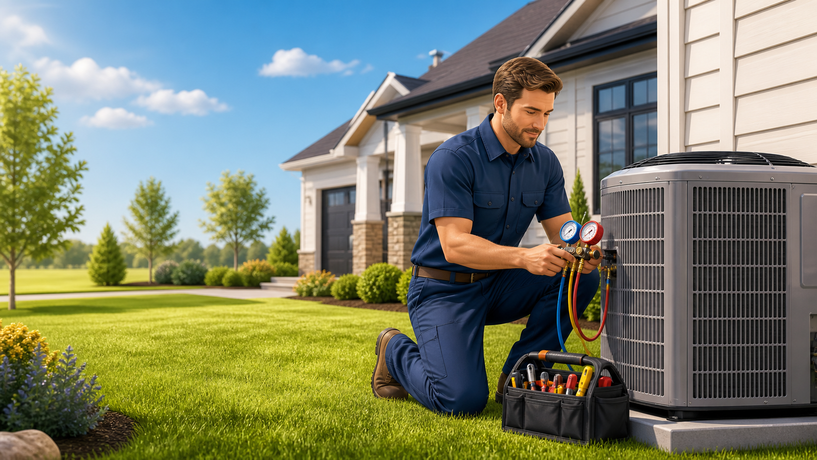 HVAC technician servicing an outdoor air conditioning unit beside a home